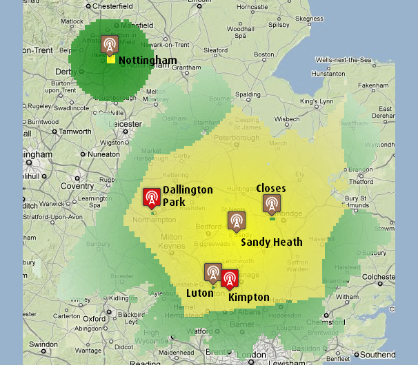 Sandy Heath and Nottingham transmitters