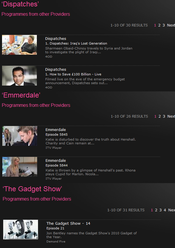 BBC iPlayer other providers search